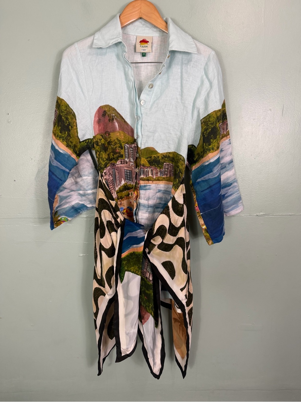 Farm Rio Copacabana Beach Linen Cover Up Dress Artsy Vacation Shirtdress Mini XS - Picture 2 of 7